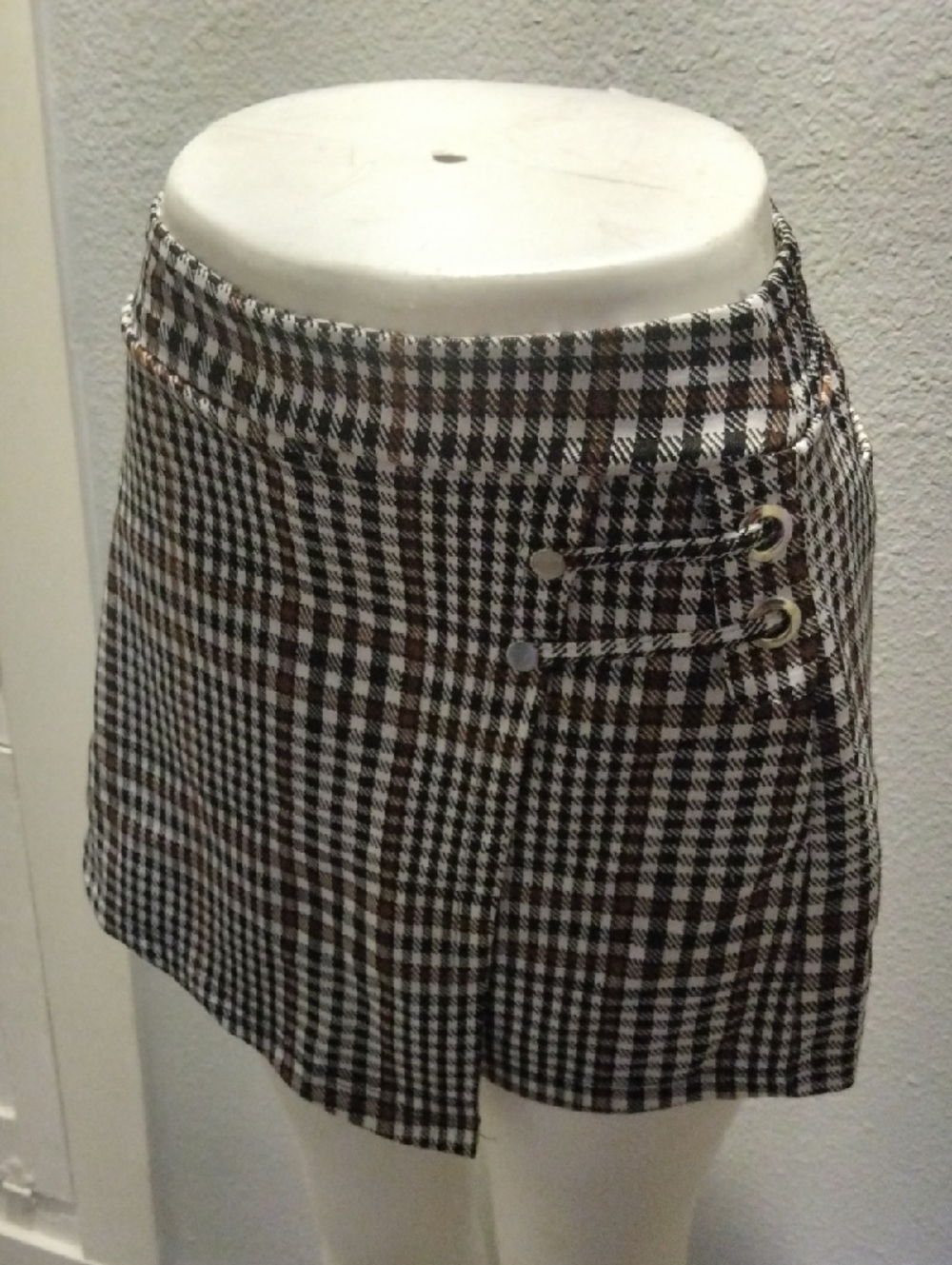 Plaid Mini Skirt with Side Grommet Detail - Brown/Black